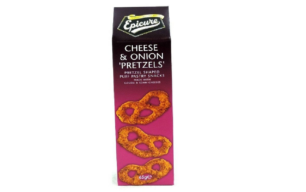 Epicure Cheese & Onion 'Pretzels', Pretzel Shaped Puff Pastry Snacks   Box  65 grams